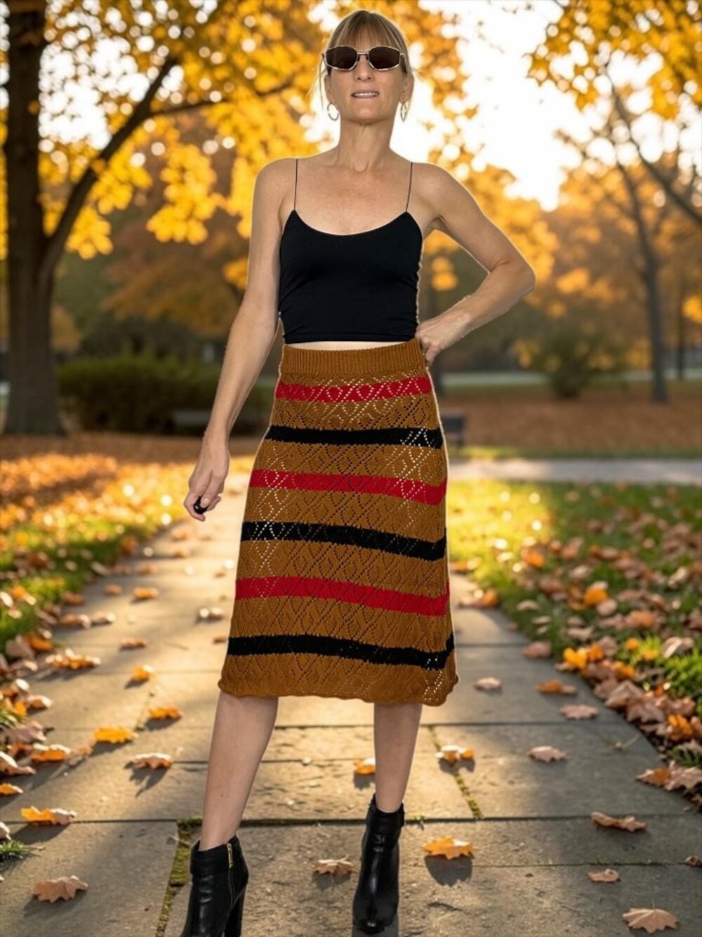 Stella Pardo Paris Striped Pointelle Crochet Skirt XS Brown Red NEW